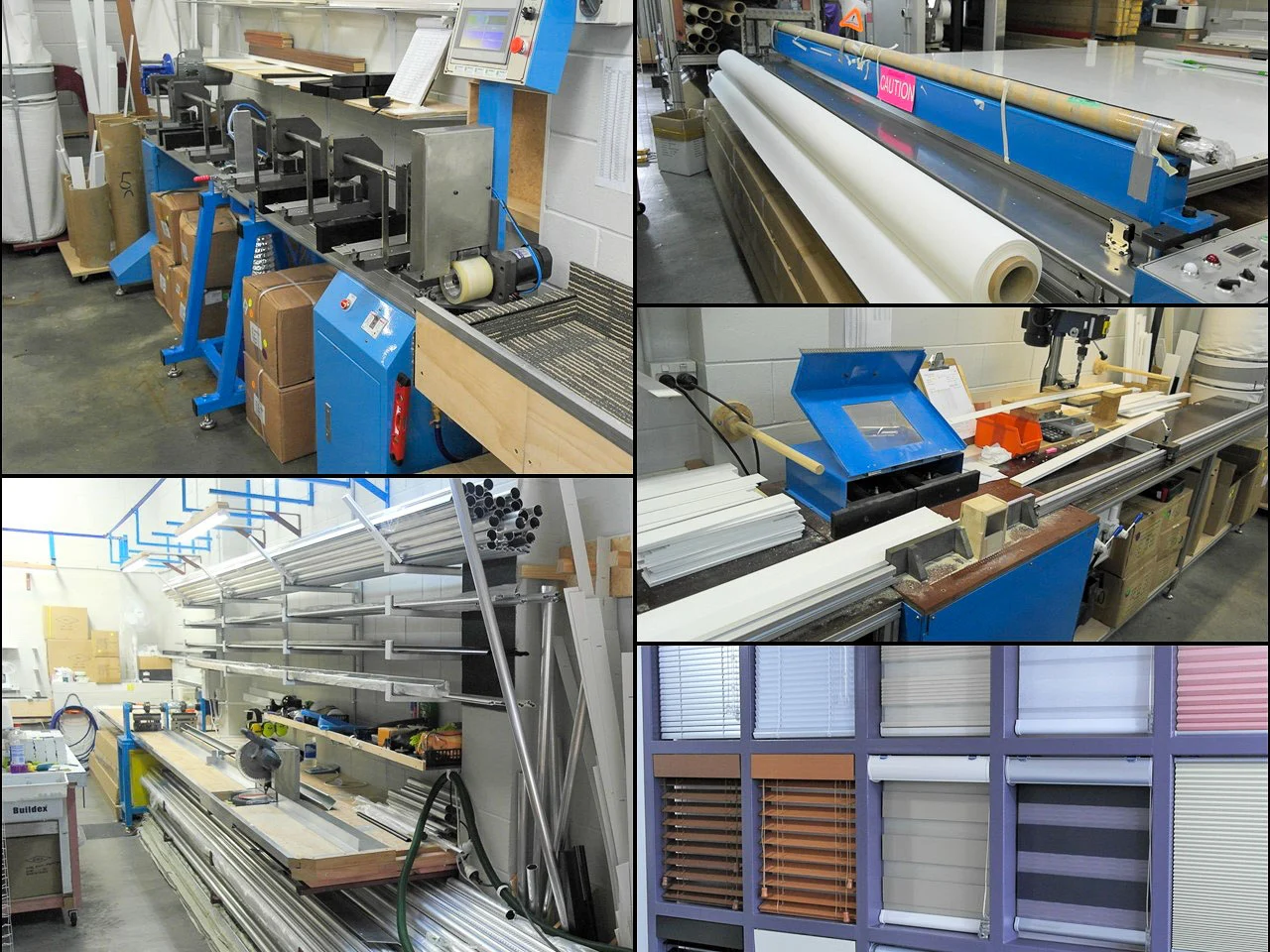 Machinery, materials and finished samples at the Impact Blinds factory